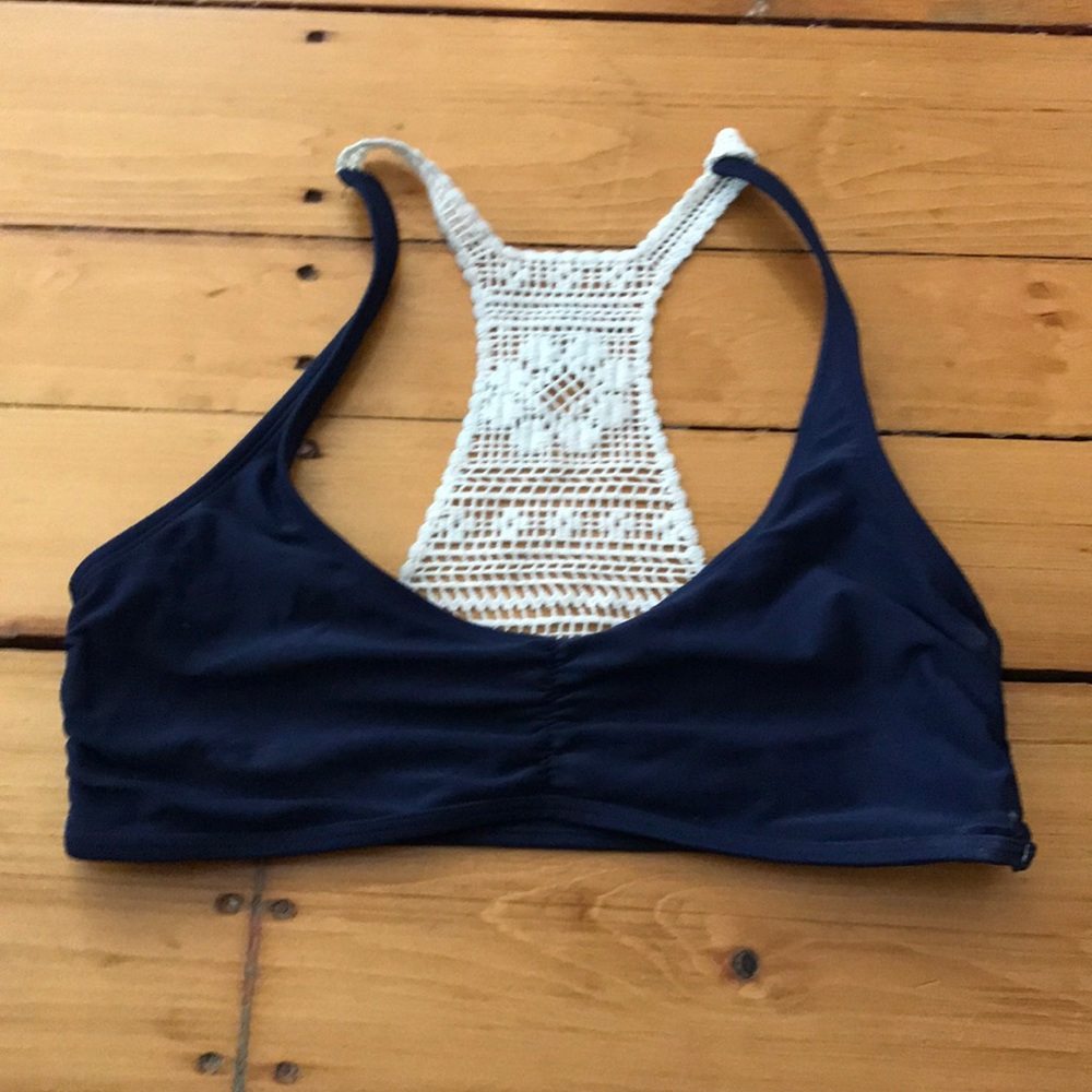 Navy bikini top with white detail on back